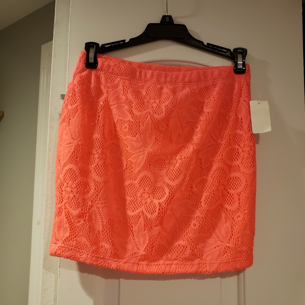 NWT Hot coral pink eyelet lace bathing suit cover up mini skirt